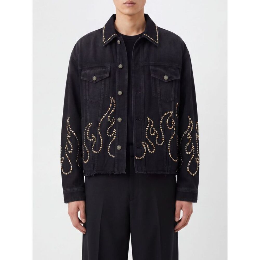 Amiri Men Amiri Flames Print Denim Jacket With Stud Application